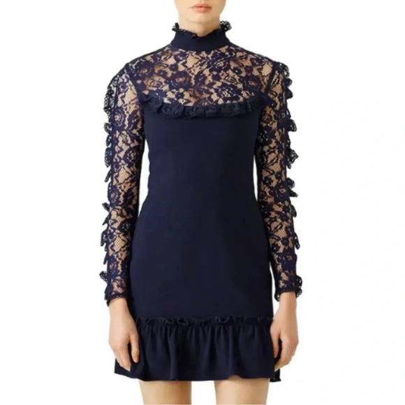 N/ Nicholas Navy Lace Insert Long Sleeve Mini Dress Size 2 - Picture 1 of 13